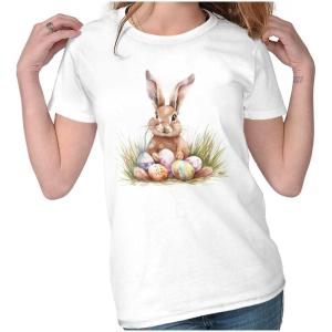 Vintage Easter Bunny with Eggs Womens Slim Fit Graphic Tee(White)