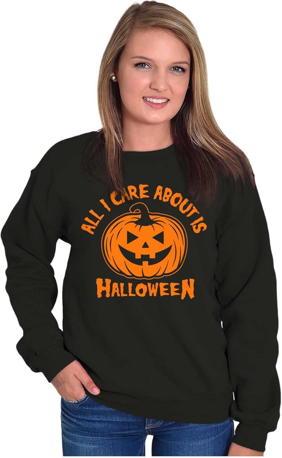 imageBrisco Brands All I Care About is Halloween Pumpkin Sweatshirt for Men or WomenBlack