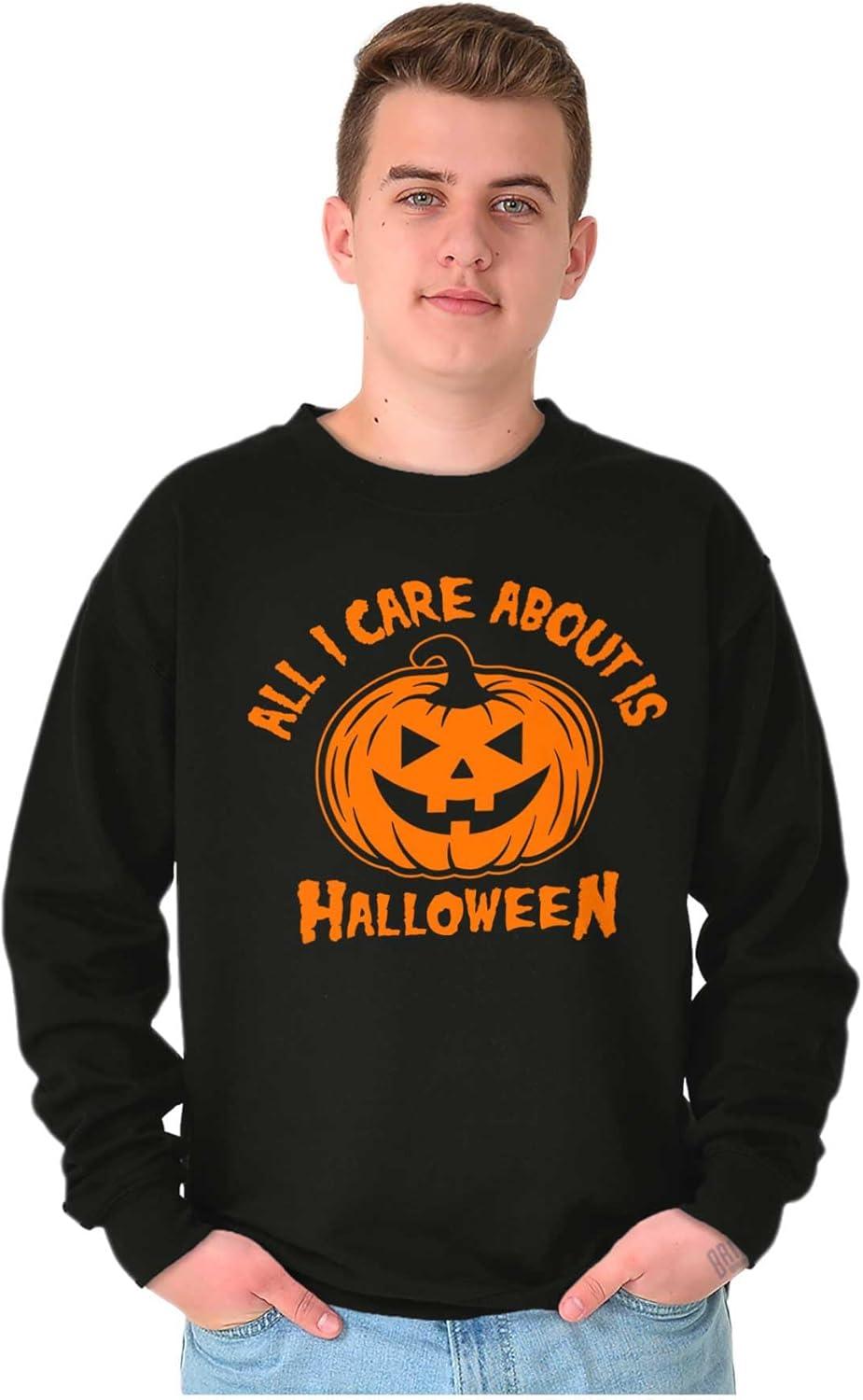 imageBrisco Brands All I Care About is Halloween Pumpkin Sweatshirt for Men or WomenBlack