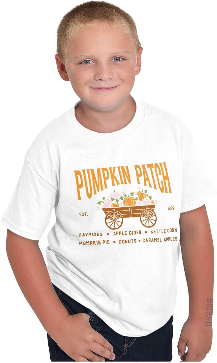 imageBrisco Brands Cute Fall Autumn Pumkin Patch Wagon Crewneck T Shirts Boy GirlWhite