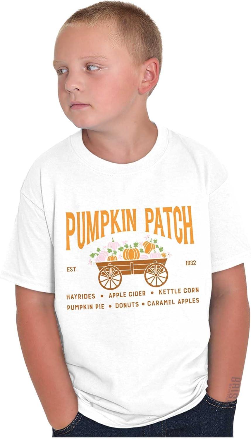 imageBrisco Brands Cute Fall Autumn Pumkin Patch Wagon Crewneck T Shirts Boy GirlWhite
