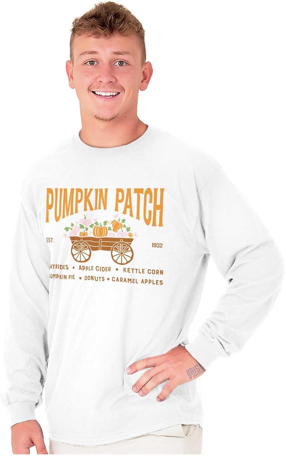 imageBrisco Brands Cute Fall Autumn Pumkin Patch Wagon Long Sleeve Tshirt Men WomenWhite