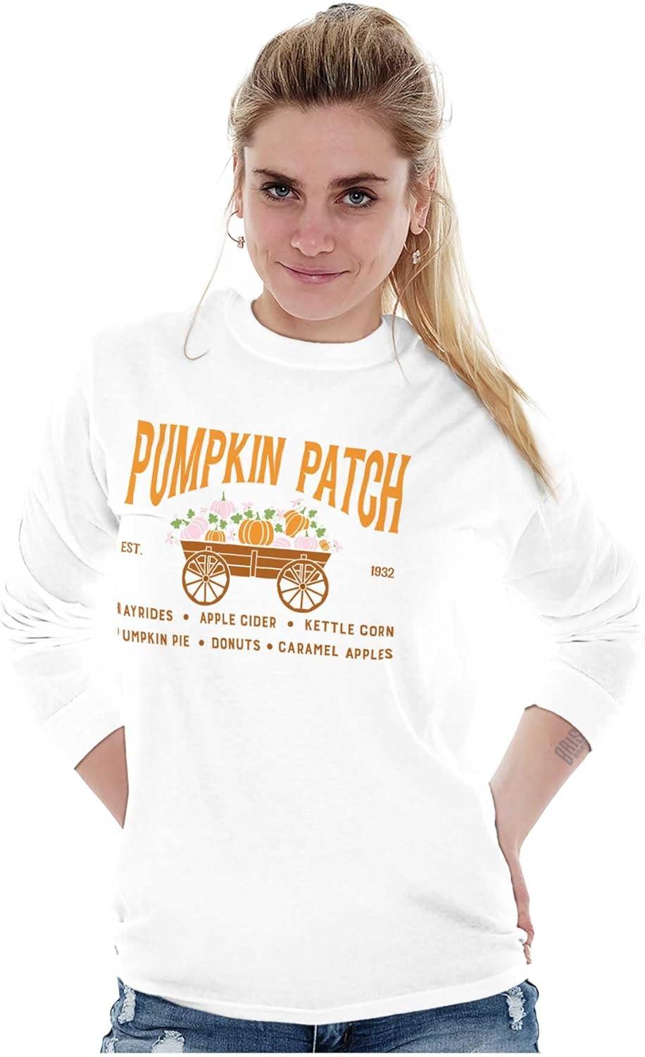 imageBrisco Brands Cute Fall Autumn Pumkin Patch Wagon Long Sleeve Tshirt Men WomenWhite