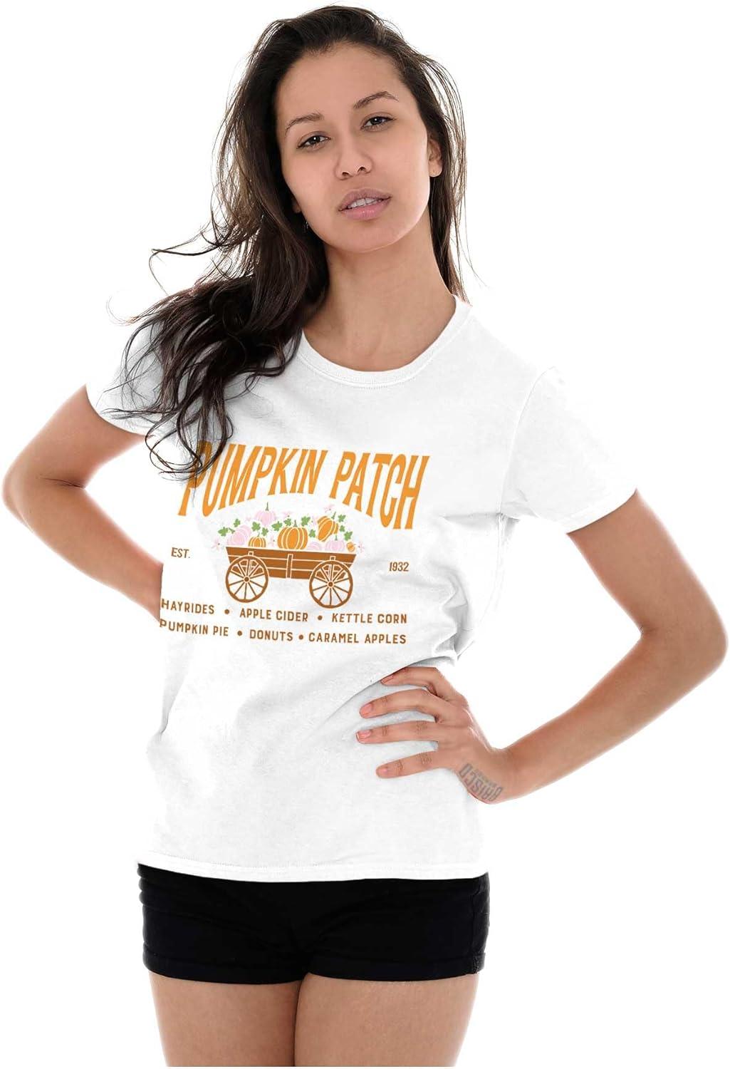 imageBrisco Brands Cute Fall Autumn Pumkin Patch Wagon Womens Slim Fit Graphic TeeWhite