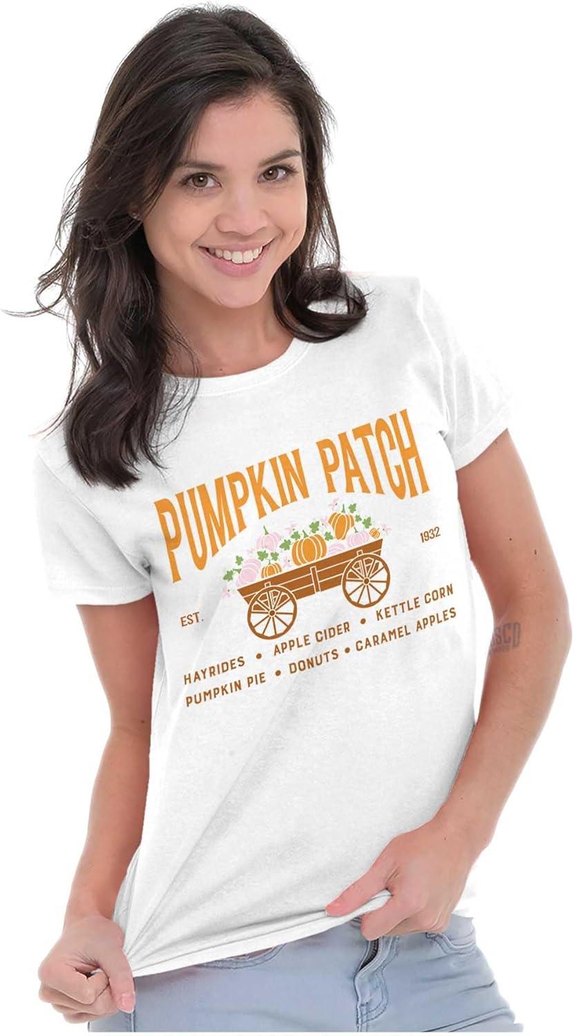 imageBrisco Brands Cute Fall Autumn Pumkin Patch Wagon Womens Slim Fit Graphic TeeWhite
