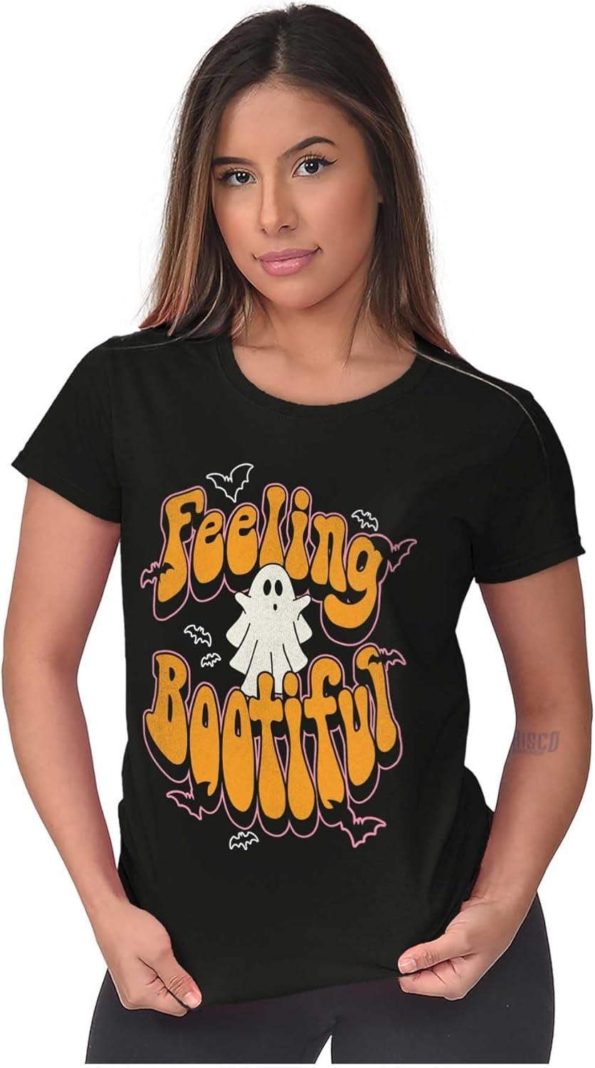 imageBrisco Brands Cute Halloween Ghost Feeling Bootiful Womens Slim Fit Graphic TeeBlack