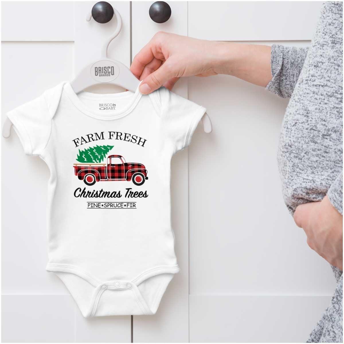 imageBrisco Brands Farm Fresh Christmas Tree Plaid Truck Baby Romper Boys or GirlsWhite