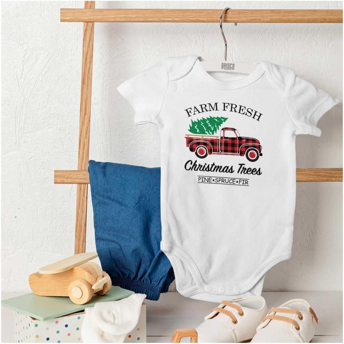 imageBrisco Brands Farm Fresh Christmas Tree Plaid Truck Baby Romper Boys or GirlsWhite