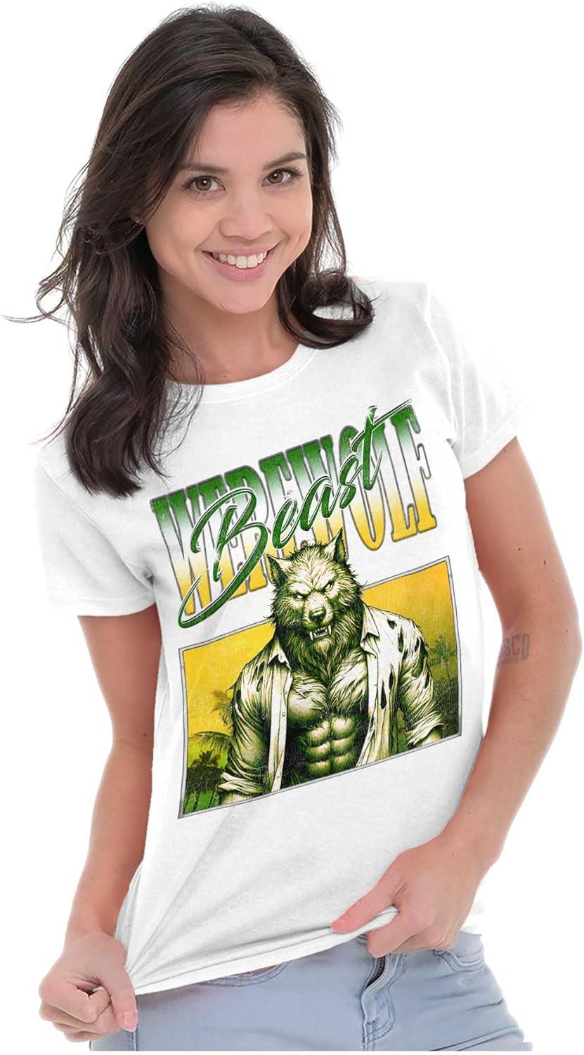 imageBrisco Brands Halloween Monster Werewolf Beast Womens Slim Fit Graphic TeeWhite