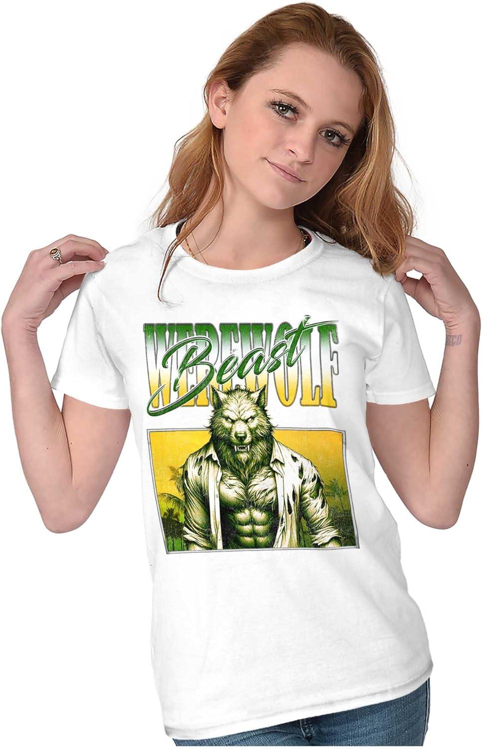 imageBrisco Brands Halloween Monster Werewolf Beast Womens Slim Fit Graphic TeeWhite