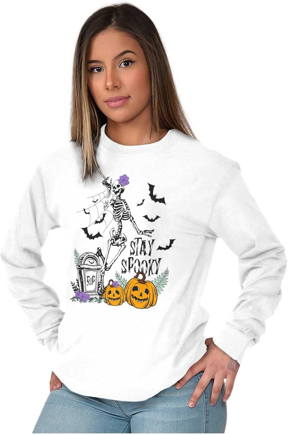 imageBrisco Brands Halloween Stay Spooky Skeleton Womens Long Sleeve T ShirtWhite