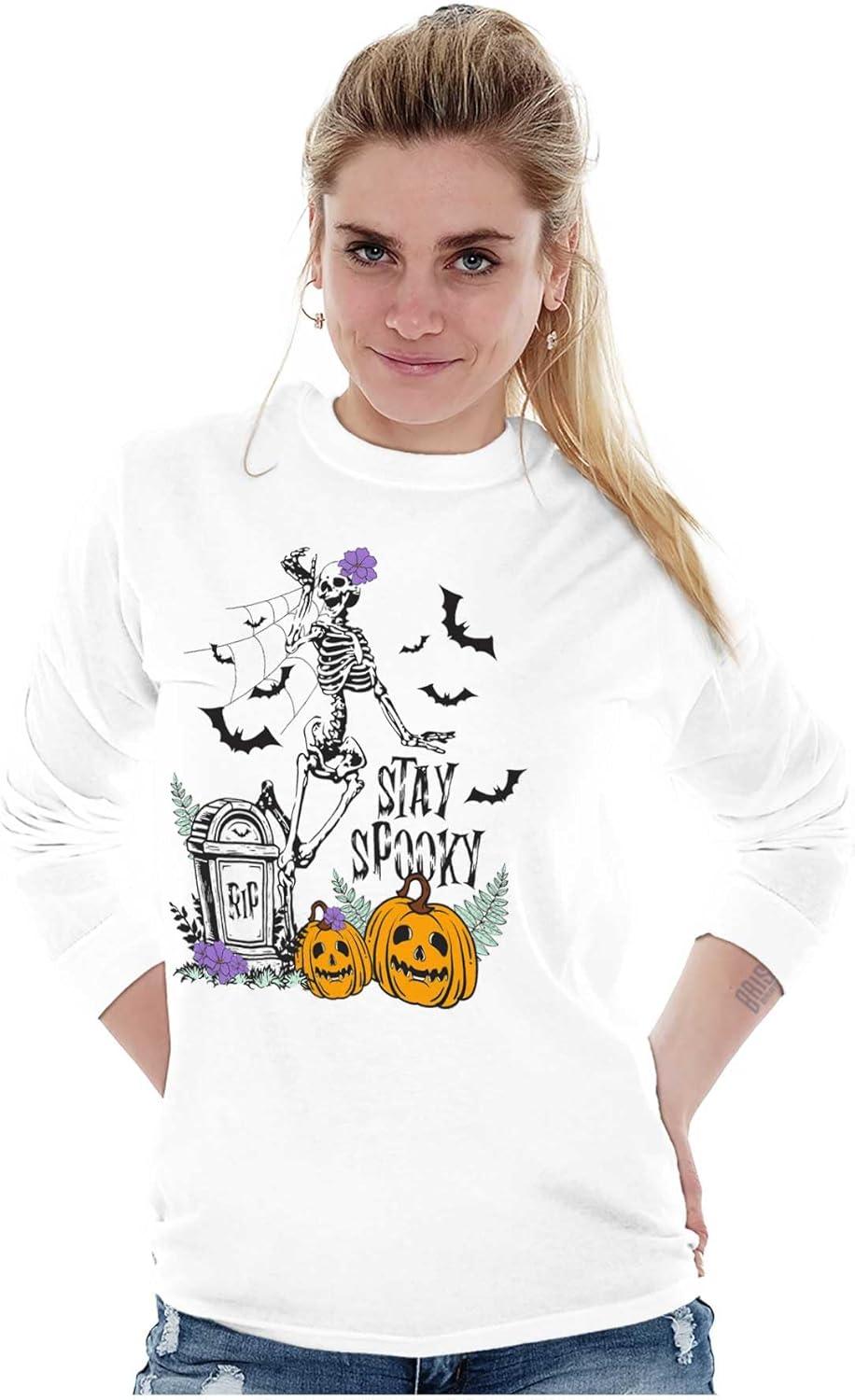 imageBrisco Brands Halloween Stay Spooky Skeleton Womens Long Sleeve T ShirtWhite