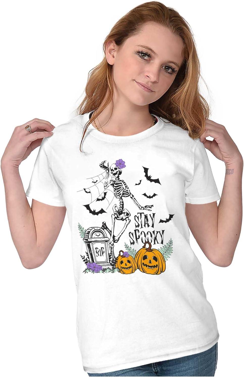 imageBrisco Brands Halloween Stay Spooky Skeleton Womens Slim Fit Graphic TeeWhite