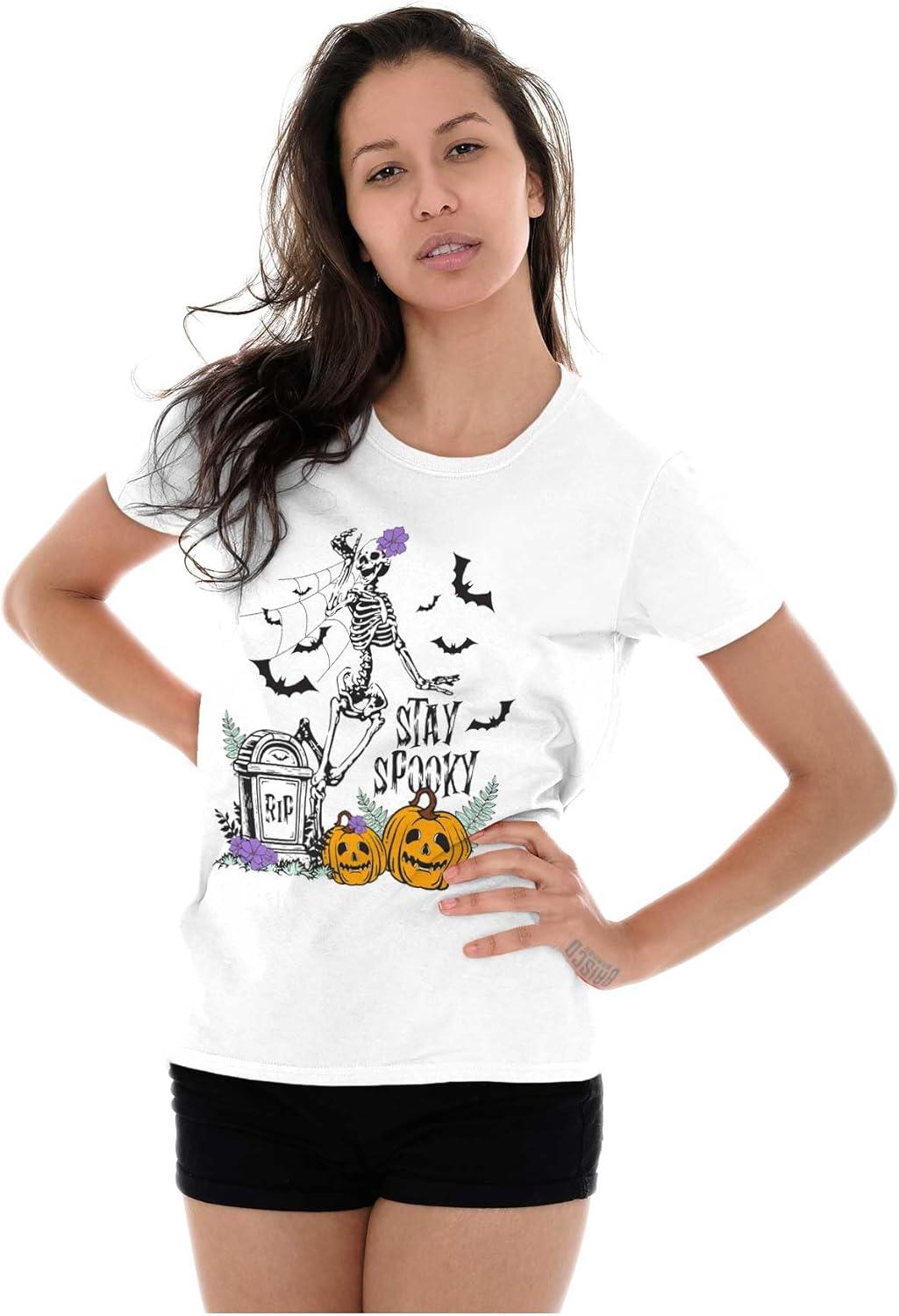 imageBrisco Brands Halloween Stay Spooky Skeleton Womens Slim Fit Graphic TeeWhite
