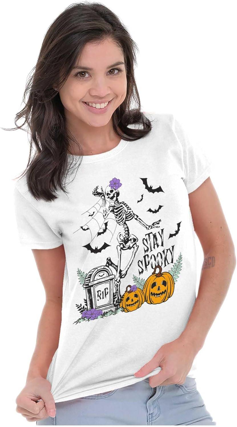 imageBrisco Brands Halloween Stay Spooky Skeleton Womens Slim Fit Graphic TeeWhite