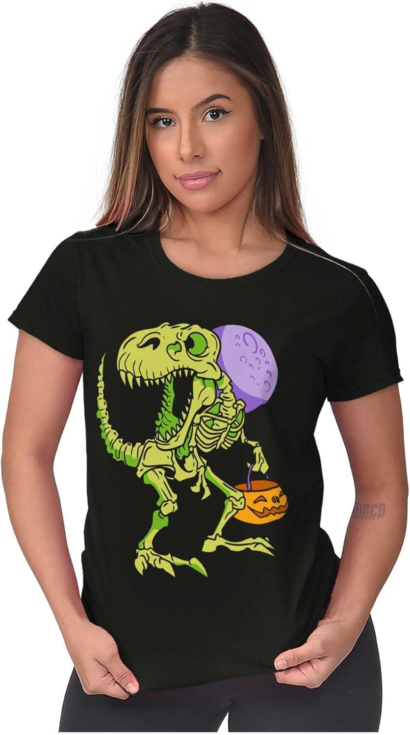 imageBrisco Brands Spooky Halloween Dinosaur Skeleton Womens Slim Fit Graphic TeeBlack