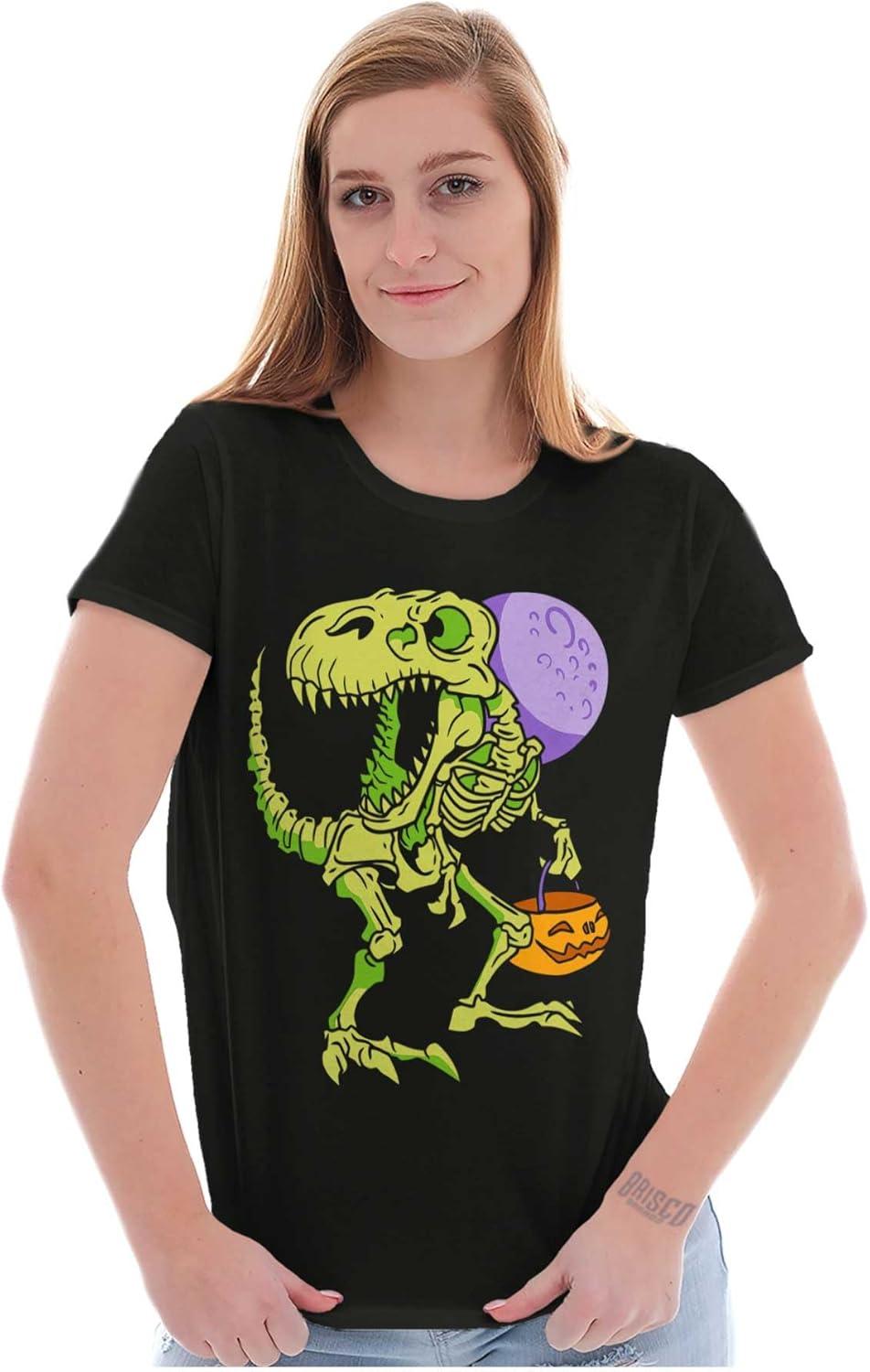 imageBrisco Brands Spooky Halloween Dinosaur Skeleton Womens Slim Fit Graphic TeeBlack