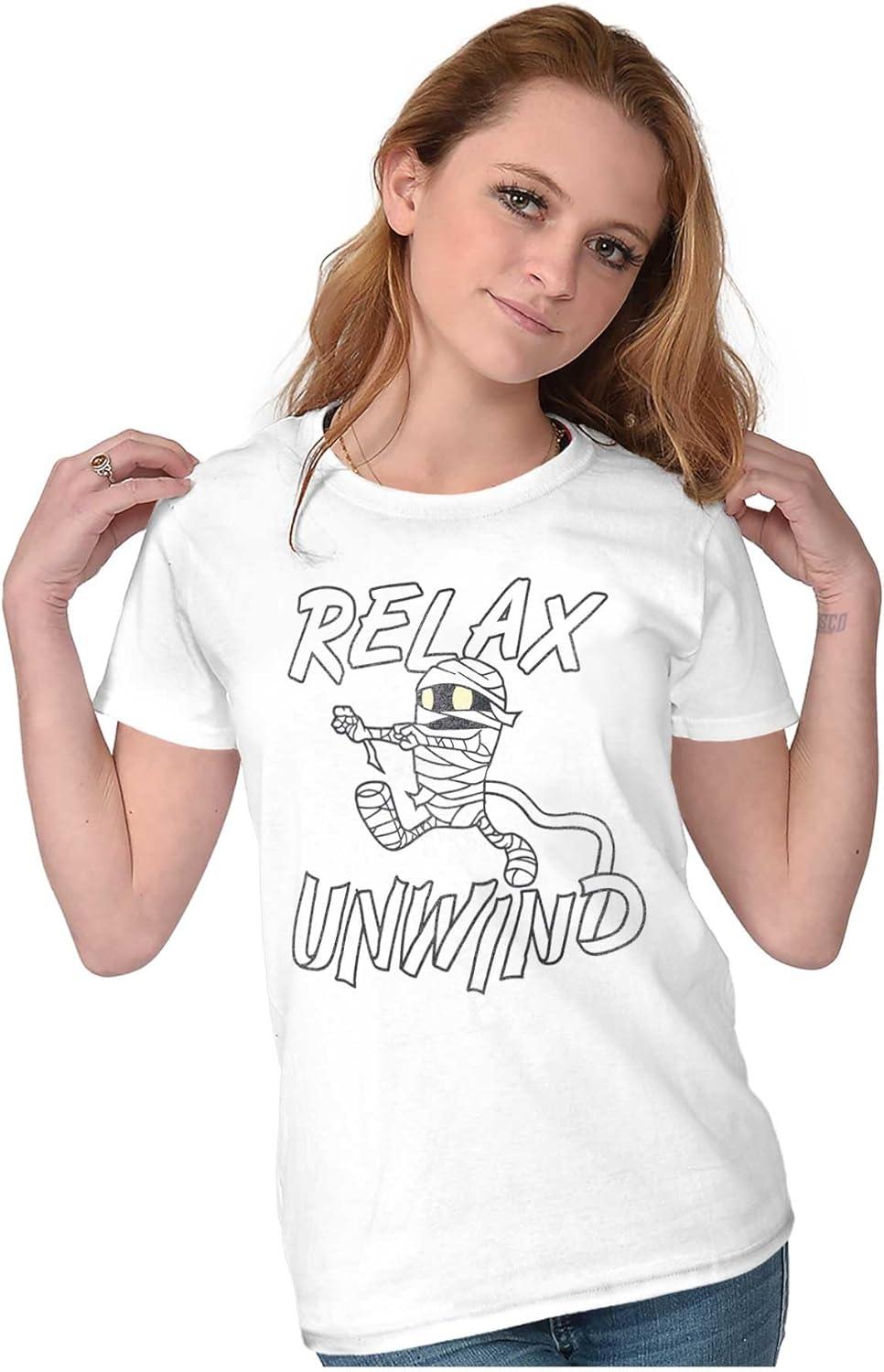 imageFunny Halloween Mummy Relax Unwind Womens Slim Fit Graphic TeeWhite
