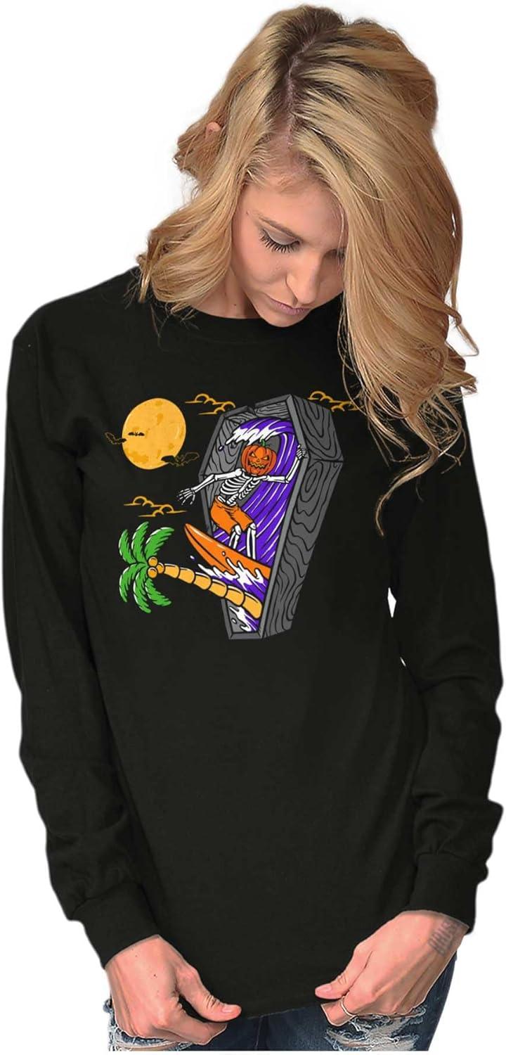 imageFunny Halloween Surfing Skeleton Long Sleeve Tshirt Men WomenBlack