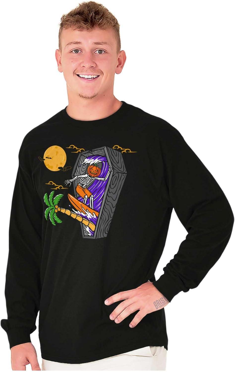 imageFunny Halloween Surfing Skeleton Long Sleeve Tshirt Men WomenBlack