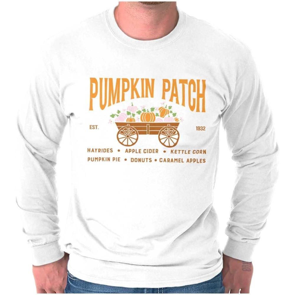 imageBrisco Brands Cute Fall Autumn Pumkin Patch Wagon Long Sleeve Tshirt Men WomenWhite