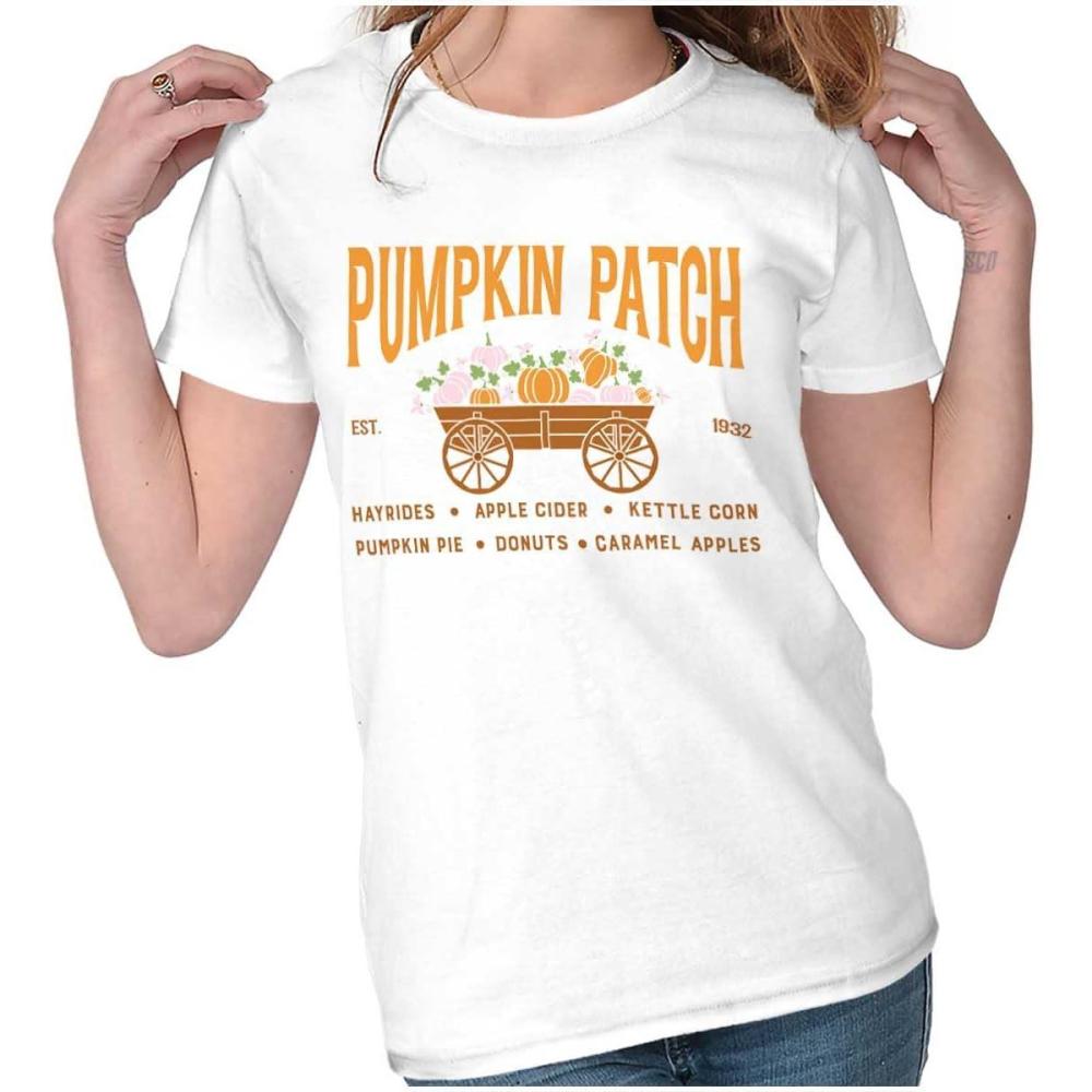 imageBrisco Brands Cute Fall Autumn Pumkin Patch Wagon Womens Slim Fit Graphic TeeWhite