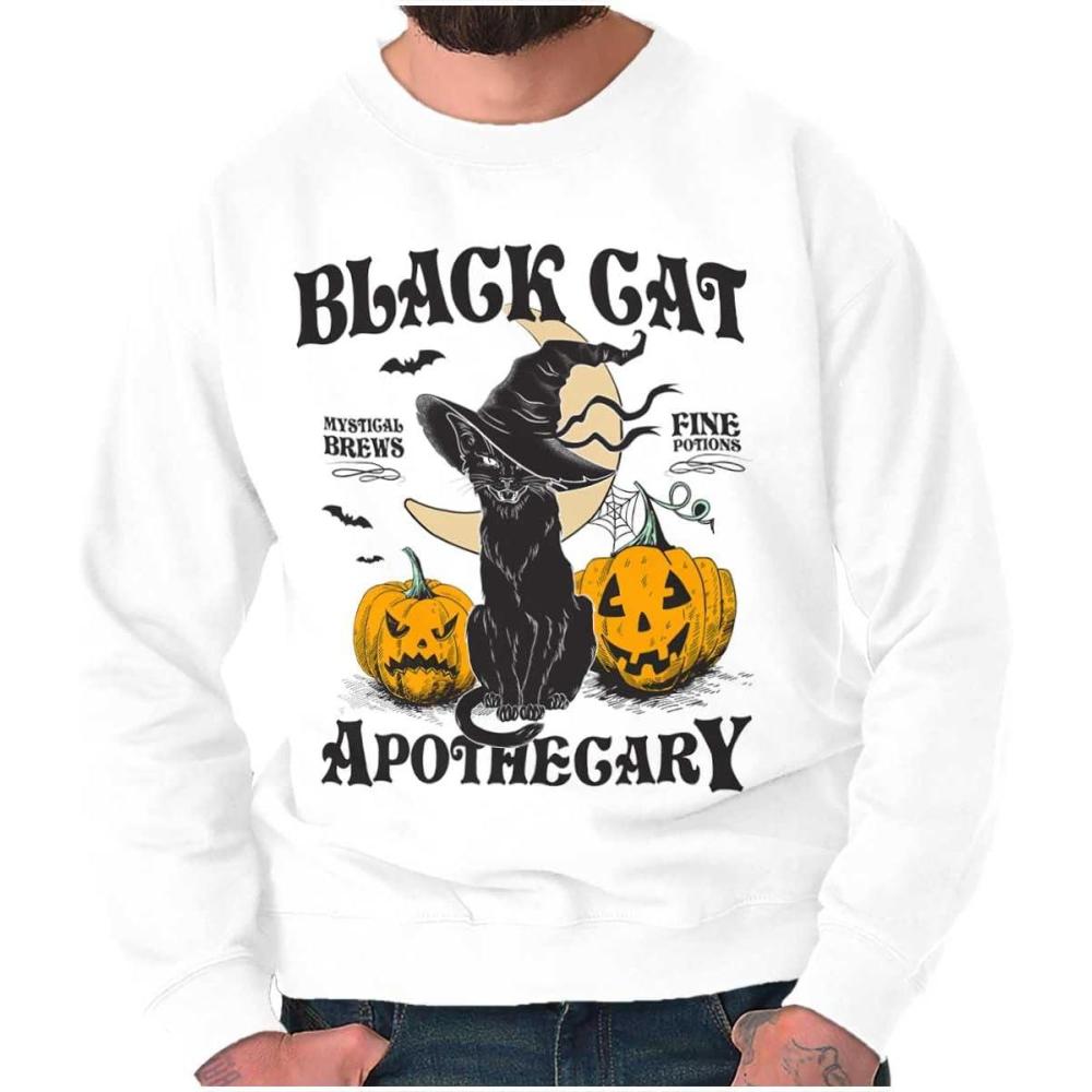 imageBrisco Brands Halloween Black Cat Apothecary Sweatshirt for Men or WomenWhite