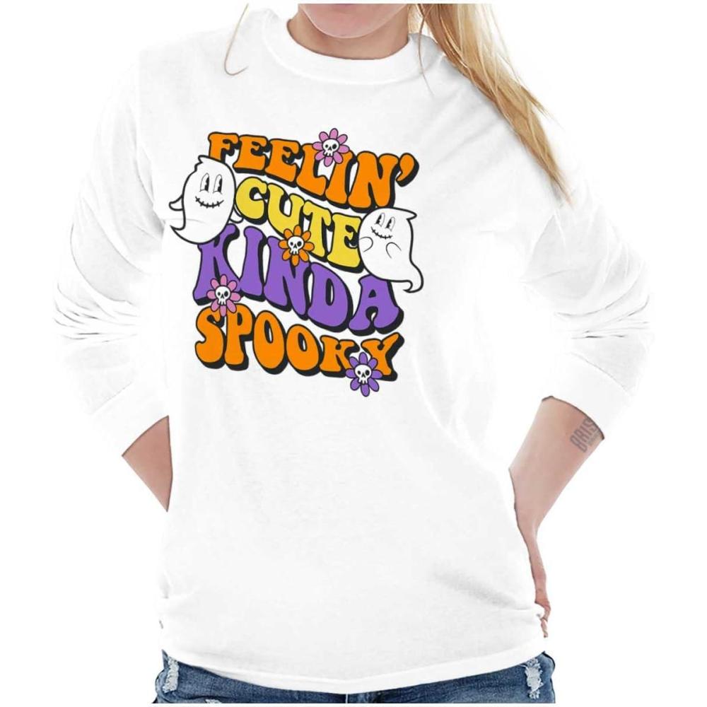 imageBrisco Brands Halloween Feelin Cute Kinda Spooky Womens Long Sleeve T ShirtWhite