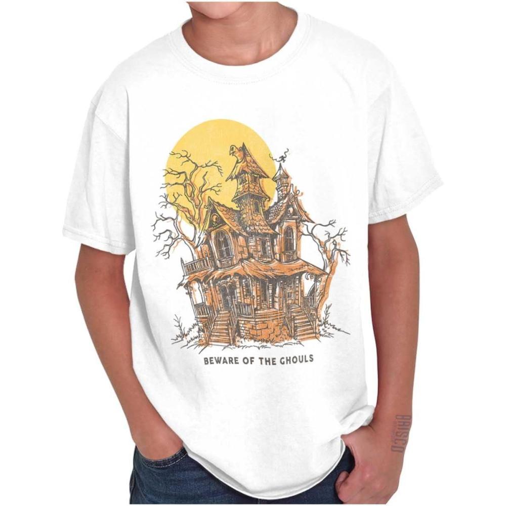 imageBrisco Brands Halloween Haunted House Beware Ghouls Crewneck T Shirts Boy GirlWhite