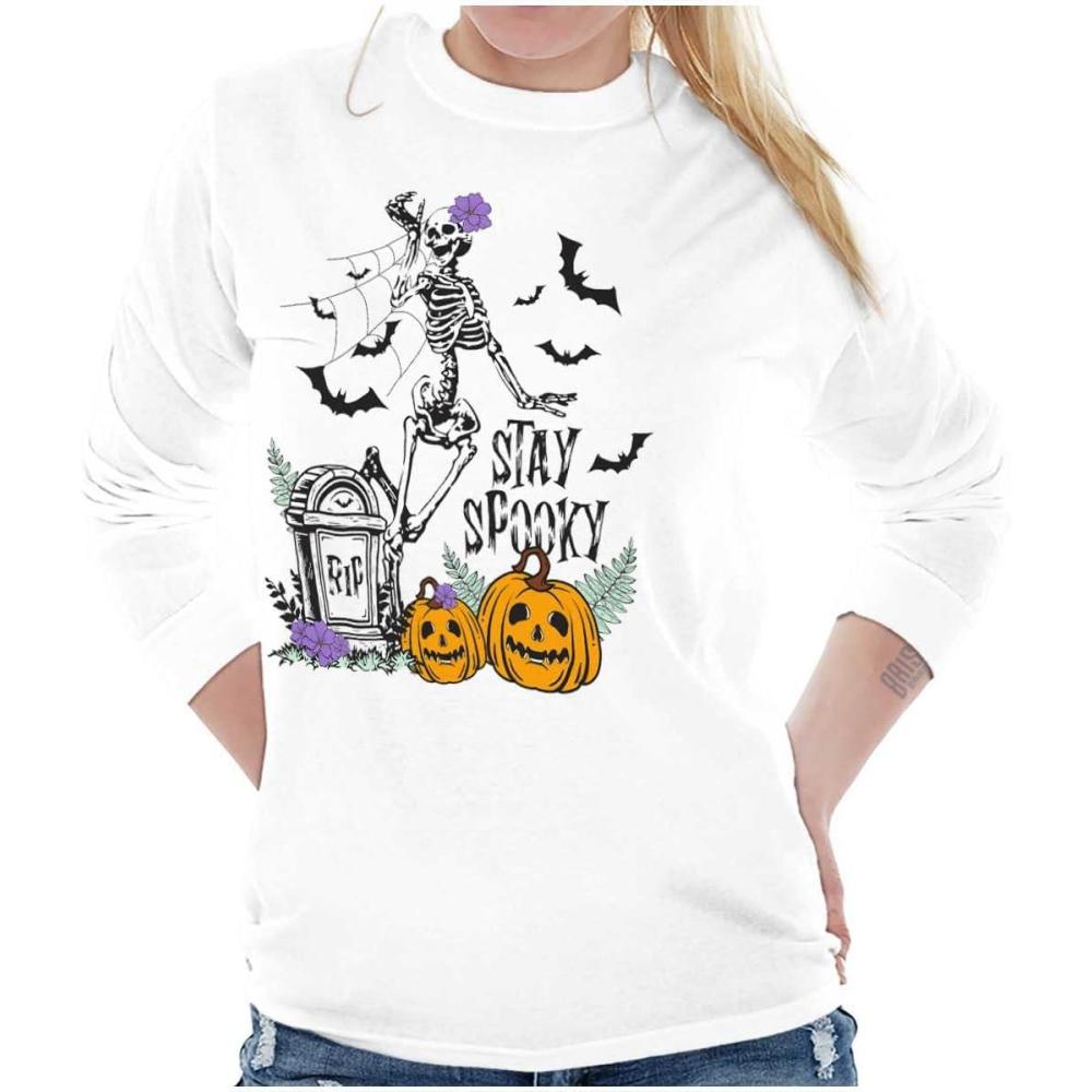imageBrisco Brands Halloween Stay Spooky Skeleton Womens Long Sleeve T ShirtWhite