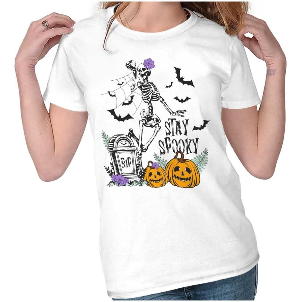 imageBrisco Brands Halloween Stay Spooky Skeleton Womens Slim Fit Graphic TeeWhite