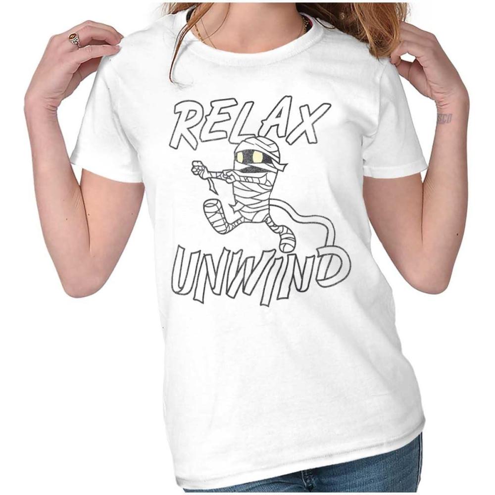 imageFunny Halloween Mummy Relax Unwind Womens Slim Fit Graphic TeeWhite