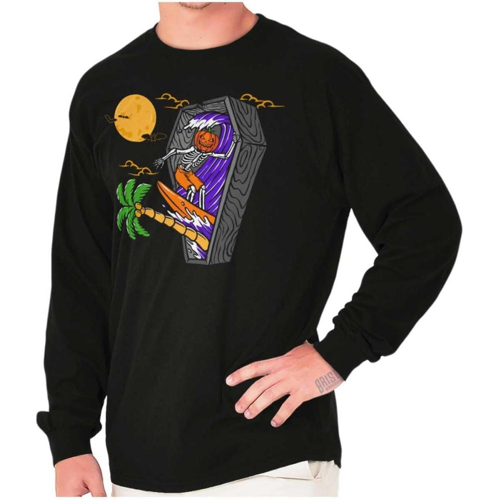 imageFunny Halloween Surfing Skeleton Long Sleeve Tshirt Men WomenBlack