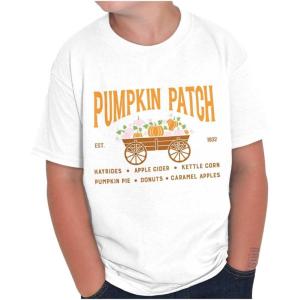 Brisco Brands Cute Fall Autumn Pumkin Patch Wagon Crewneck T Shirts Boy Girl(White)