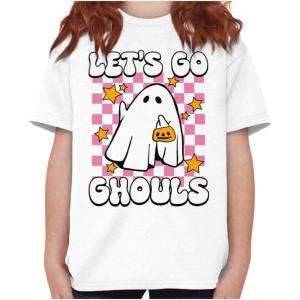 Brisco Brands Cute Halloween Let’s Go Ghouls Ghost Girls Kids T Shirt Tees(White)