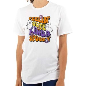 Brisco Brands Halloween Feelin Cute Kinda Spooky Womens Graphic T Shirt Tees(White)