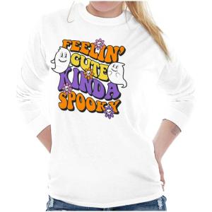 Brisco Brands Halloween Feelin Cute Kinda Spooky Women’s Long Sleeve T Shirt(White)