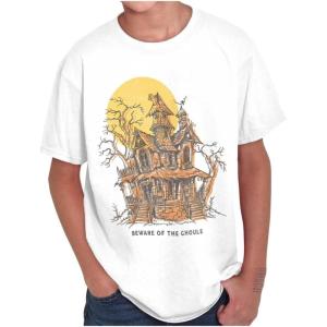 Brisco Brands Halloween Haunted House Beware Ghouls Crewneck T Shirts Boy Girl(White)