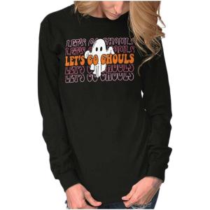 Brisco Brands Halloween Let’s Go Ghouls Ghost Women’s Long Sleeve T Shirt(Black)