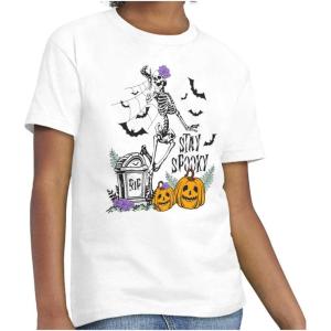 Brisco Brands Halloween Stay Spooky Skeleton Girls Kids T Shirt Tees(White)