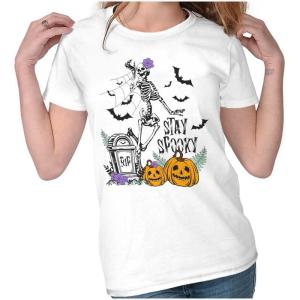 Brisco Brands Halloween Stay Spooky Skeleton Womens Slim Fit Graphic Tee(White)