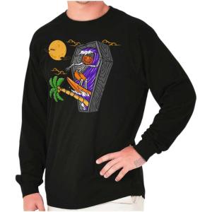 Funny Halloween Surfing Skeleton Long Sleeve Tshirt Men Women(Black)