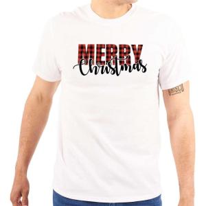 Xmas Holiday Plaid Merry Christmas Graphic T Shirt Men or Women(White)