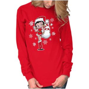 Betty Boop Christmas Holiday Cute Women’s Long Sleeve T Shirt(Red)