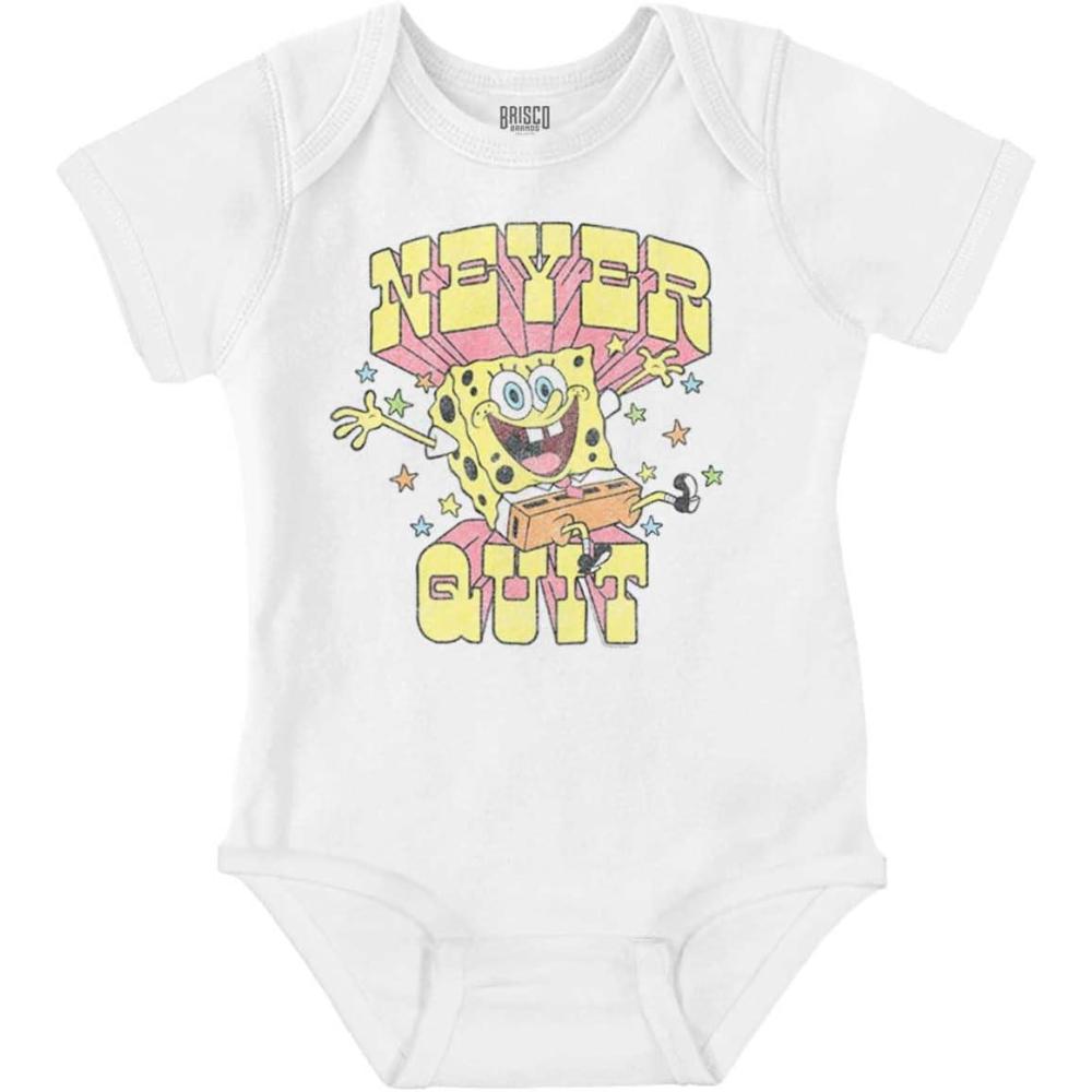 imageBrisco Brands SpongeBob Cartoon Never Quit Quote Baby Romper Boys or GirlsWhite