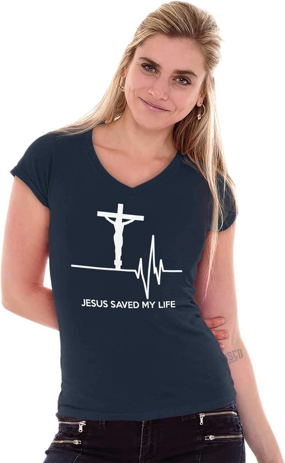 imageChristian Strong Jesus Saved My Life Crucifix Womens Petite VNeck T Shirt Navy L