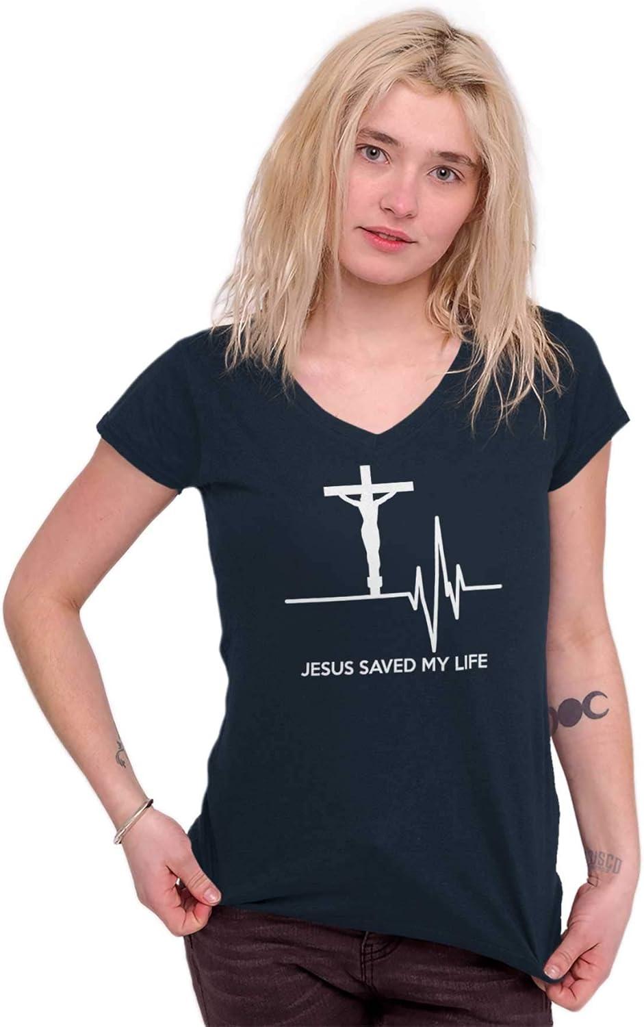 imageChristian Strong Jesus Saved My Life Crucifix Womens Petite VNeck T Shirt Navy L
