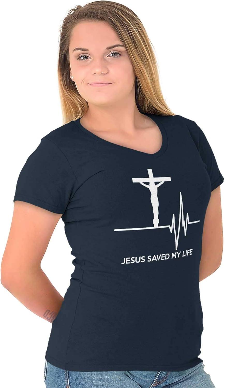 imageChristian Strong Jesus Saved My Life Crucifix Womens Petite VNeck T Shirt Navy L
