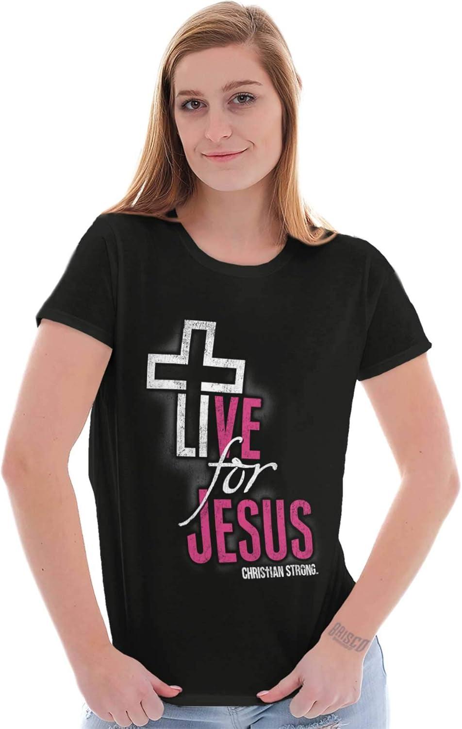 imageChristian Strong Live for Jesus Religious Faith Womens Slim Fit Graphic TeeBlack