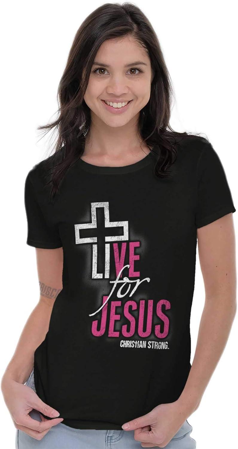 imageChristian Strong Live for Jesus Religious Faith Womens Slim Fit Graphic TeeBlack